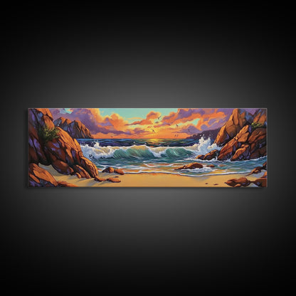 Sunset Beach Waves, Dramatic Ocean, Bold Skies, Framed Canvas Print, Entryway Wall Art, Nature Escape, Colorful Beach Scene