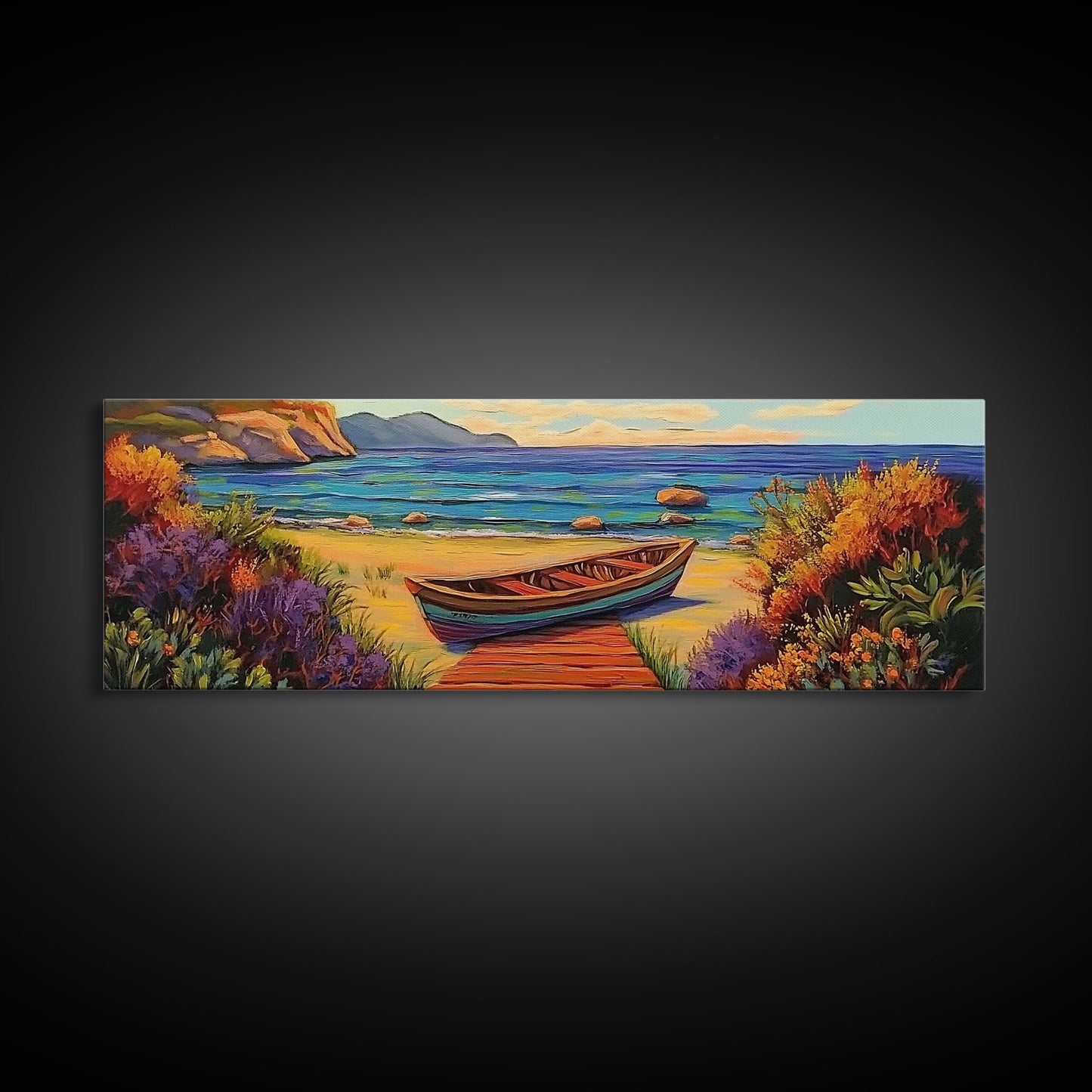 Beach Rowboat Painting, Tranquil Shoreline Scene, Coastal Landscape Art, Summer Lake House Style, Framed Canvas Print, Nature Wall Art