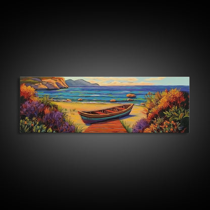 Beach Rowboat Painting, Tranquil Shoreline Scene, Coastal Landscape Art, Summer Lake House Style, Framed Canvas Print, Nature Wall Art