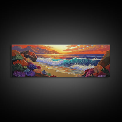 Coastal Sunset, Ocean Waves, Tropical Flowers, Vibrant Seascape, Framed Canvas Print beach wall decor, boho art, living room wall art