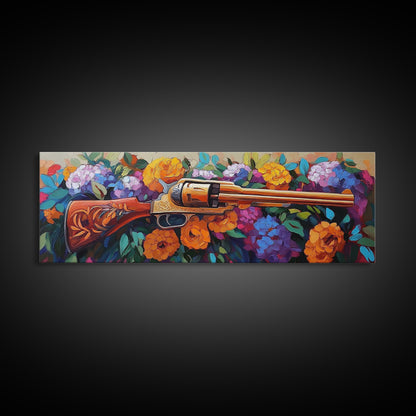Golden Revolver Art, Floral Gun Painting, Western Floral Wall, Cowboy Chic Style, Framed Canvas Print, Man Cave Southwestern Decor