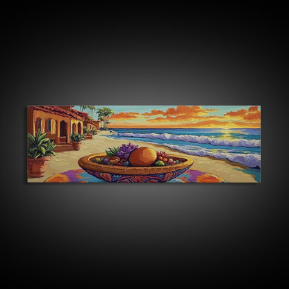 Sunset Beach, Ocean Fruit Bowl, Coastal Vibes, Framed Canvas Print, Tropical Kitchen Wall Art, Colorful Seaside Home Decor