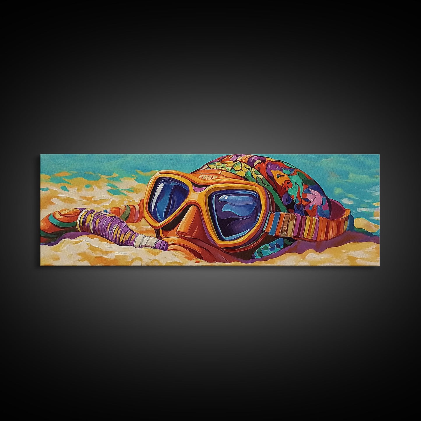 Snorkel Mask, Beach Fun, Vibrant Waves, Framed Canvas Print, Coastal Bathroom Wall Art, Bright Tropical Decor, Playful Ocean Art