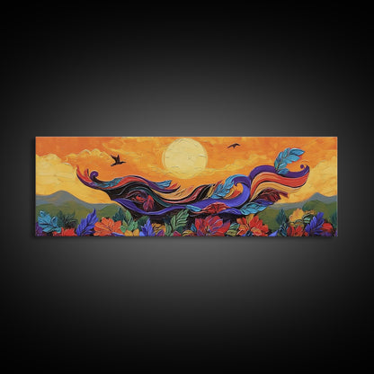 Abstract Bird, Flying Feathers, Bold Sunset, Canvas Print, Vibrant Boho Art, Living Room Statement Piece, Fall Color Palette