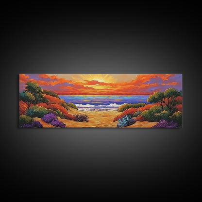 Autumn Sunset Path, Beach Trail Art, Vibrant Landscape, Framed Canvas Print, Fall Home Decor, Coastal Living Room Wall Art, Boho Art