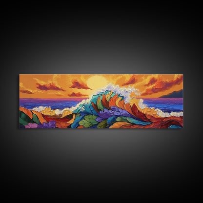 Floral Wave, Sunset Splash, Ocean Blooms, Whimsical Shore, Canvas Print, Bathroom Wall Art, Boho Coastal Decor, Vibrant Texture Art