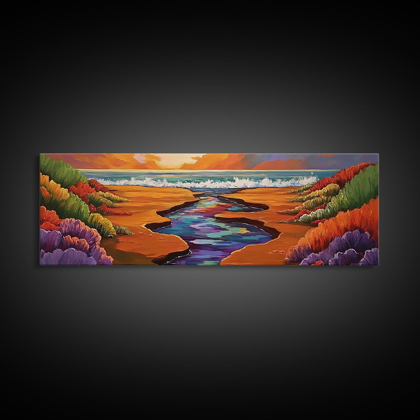 Sunset Stream, Coastal Canyon, Colorful Shoreline, Boho Nature Scene, Framed Canvas Print, Hallway Wall Art, Autumn Inspired Landscape