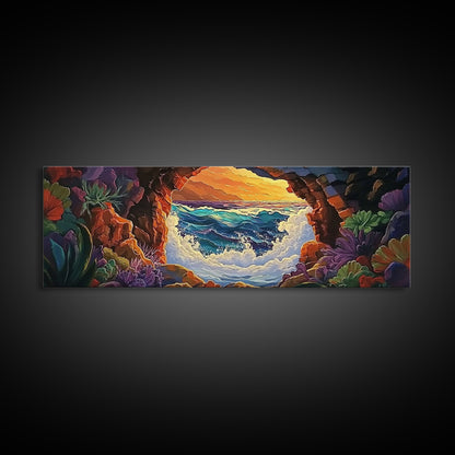Ocean Cave View, Sunset Waves, Coastal Decor, Tropical Art, Framed Canvas Print, Beach House Wall Art, Vibrant Seascape, Boho Style