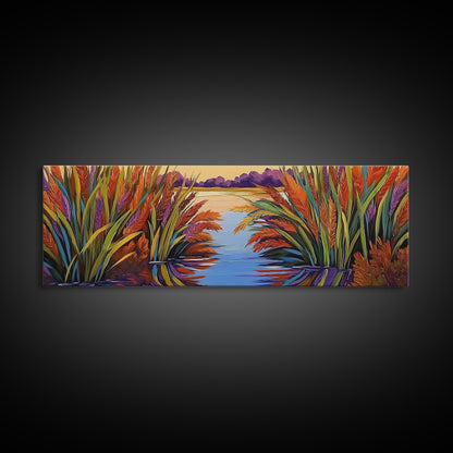 Sunset Reeds, Colorful Marsh, Reflected Peace, Framed Canvas Print, Autumn Wall Art, Living Room Decor, Vibrant Nature Landscape