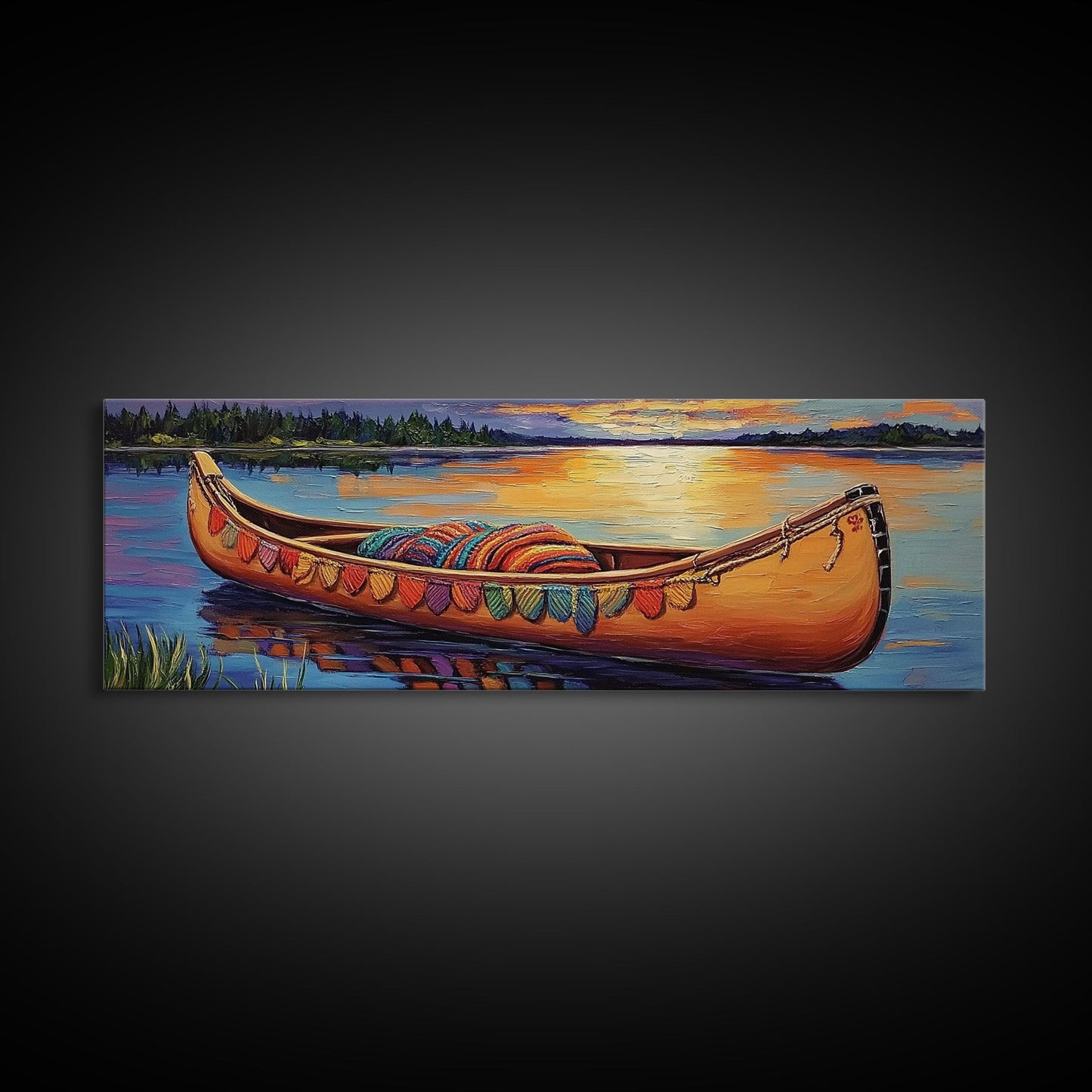 Sunset Canoe Reflection, Serene Lake Art, Cozy Lakeside Decor, Framed Canvas Print, Cabin Wall Art, Peaceful Nature Scene