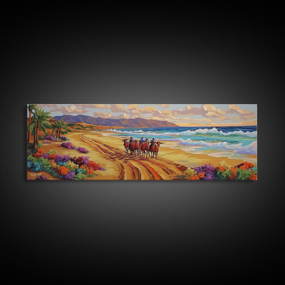 Western Beach Trail, Cowboy Horses Art, Desert Shoreline, Canvas Print, Fall Wall Decor, Rustic Western Style, Living Room Wall Art