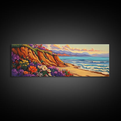 Cliffside Flowers, Ocean Waves, Sunset Coast, Canvas Print, Vibrant Coastal Wall Art, Bedroom or Bathroom Decor, Bohemian Beach Art