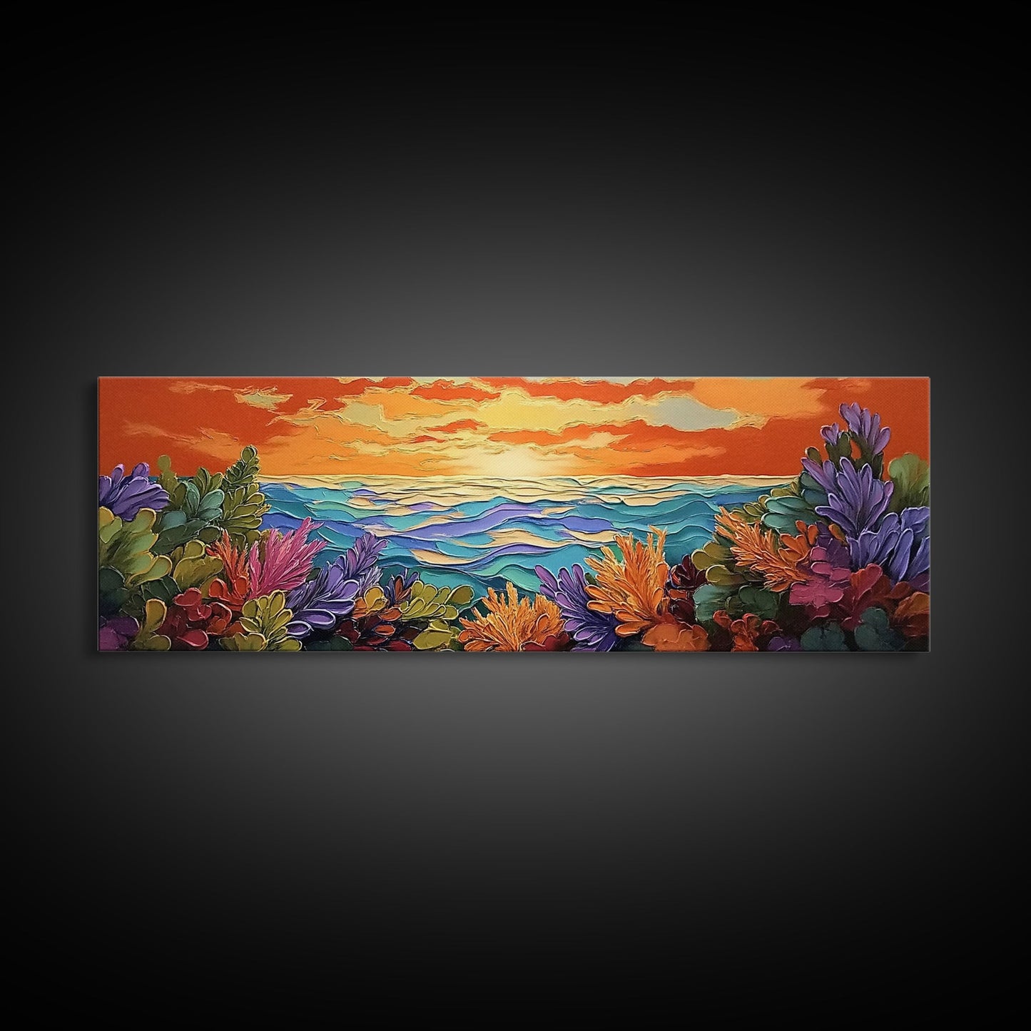 Sunset Ocean, Sea Plants, Tropical Sunset, Bold Colors, Framed Canvas Print, Bathroom Wall Art, Boho Vibes, Coastal Decor