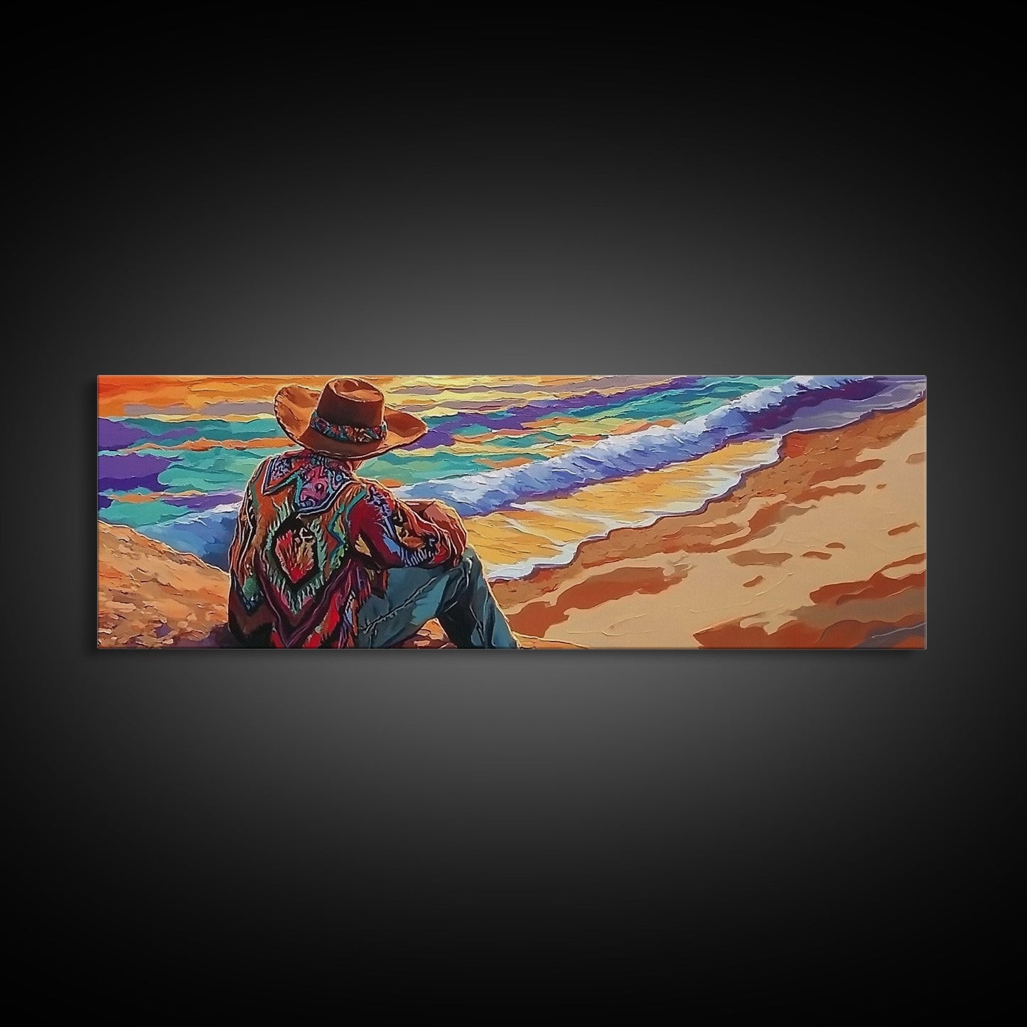 Coastal Cowboy, Ocean View, Serene Sunset, Western Art, Canvas Print, Living Room Wall Art, Southwestern Vibes, Beach Cowboy Scene