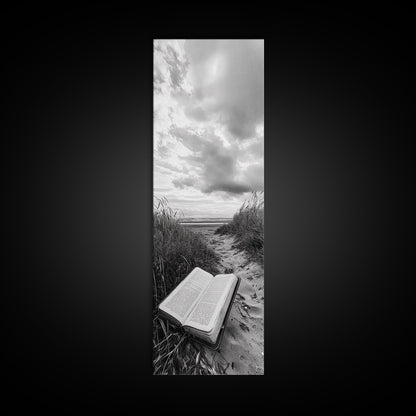 Bible on Beach, Spiritual Escape, Coastal Tranquility, Nature Meditation, Canvas Print, Faith Wall Art, Office Decor, Minimalist Art