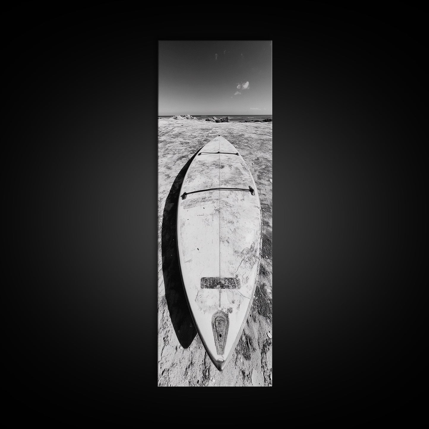 Surfboard On Shore, Beach Lifestyle Decor, Minimal Seascape, Framed Canvas Print, Nautical Bathroom Wall Art, Modern Coastal Vibe