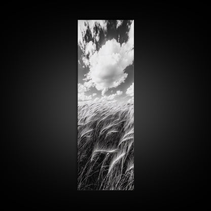 Wheat Field, Cloudy Sky, Rustic Landscape, Black and White Nature, Framed Canvas Print, Farmhouse Kitchen Wall Art, Fall Harvest Vibe