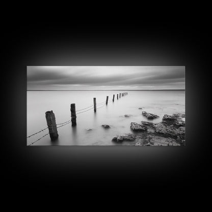 Coastal Fence Line, Tranquil Ocean Scene, Soft Minimalist Photo, Framed Canvas Print, Bathroom or Hallway Wall Art, Zen Vibes