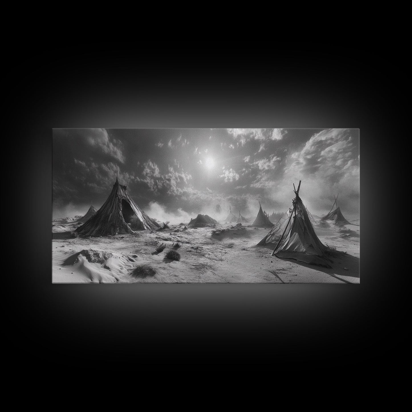 Wüstenzeltszene, surreale Stammeslandschaft, Zelte unter stürmischem Himmel, Leinwanddruck, Wandbild fürs Wohnzimmer, Boho-Nomaden-Ästhetik, Wandbild fürs Wohnzimmer