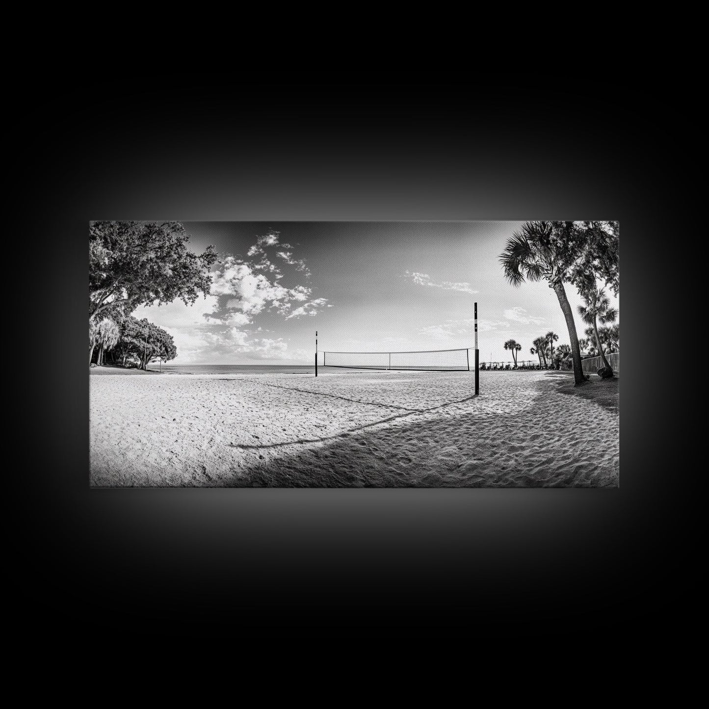 Volleyball Net, Coastal Leisure Scene, Bright Beach Vibe, Framed Canvas Print, Game Room Wall Art, Sporty Summer Beach Style