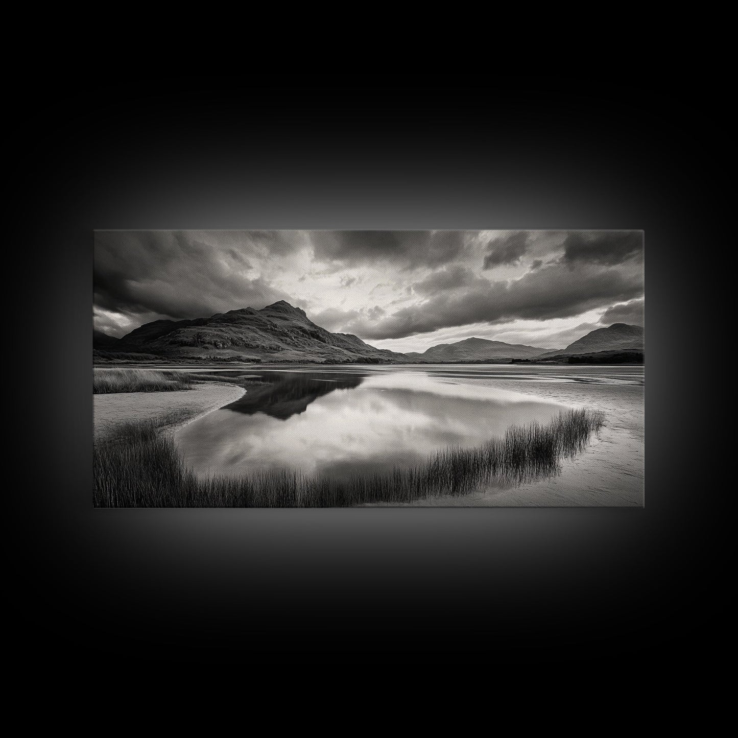 Reflected Mountains, Serene Shore, Cloudy Sky, Lake View, Canvas Print, Bedroom Wall Art, Minimalist Landscape Art, Tranquil Decor