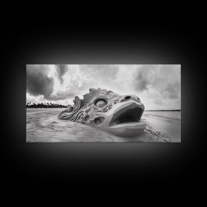 Dragon Head Sculpture, Beach Sand Art, Mythical Creature Decor, Fantasy Vibes, Framed Canvas Print, Game Room Wall Art, Office Wall Art