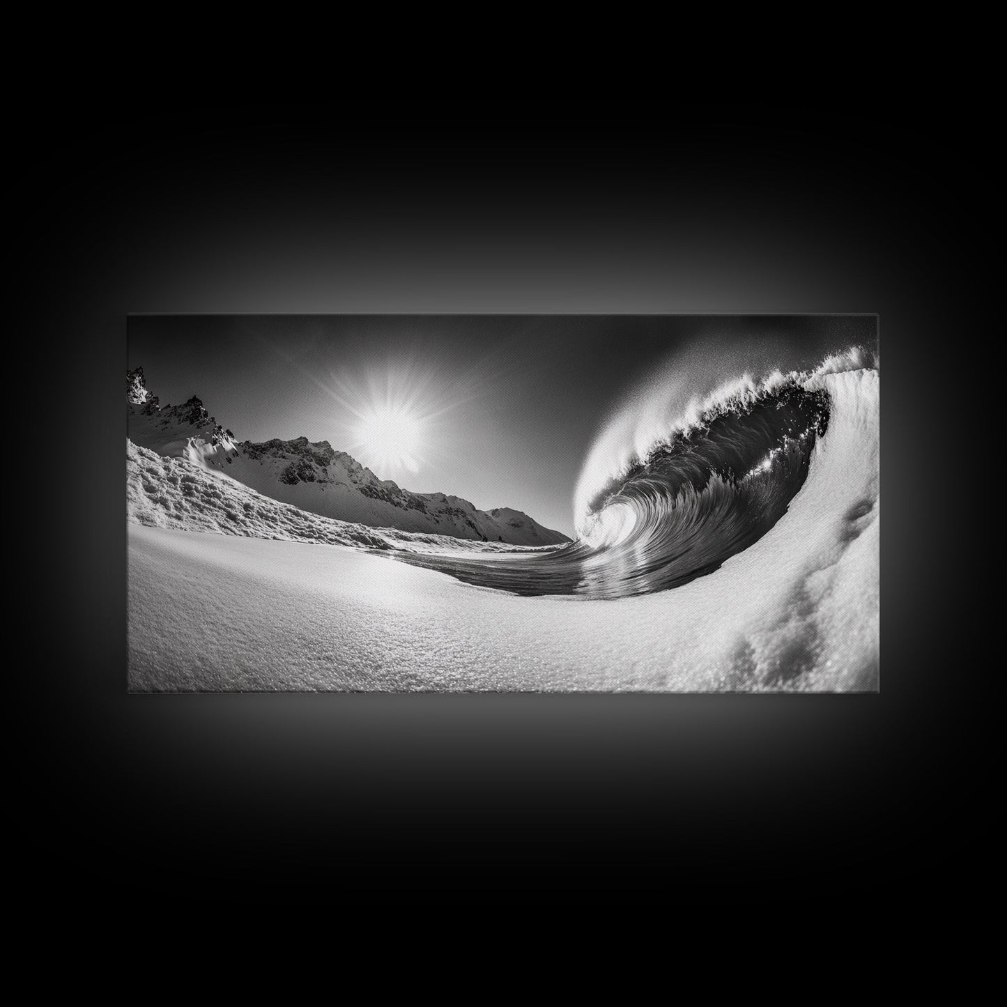 Arctic Wave Motion, Snowy Surf Curl, Mountain Sun Scene, Nature Energy Art, Canvas Print, Living Room Wall Art, Winter Adventure Decor