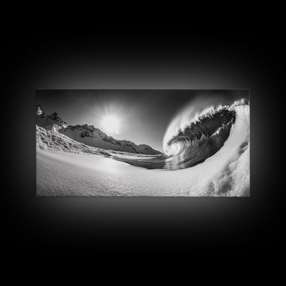 Arctic Wave Motion, Snowy Surf Curl, Mountain Sun Scene, Nature Energy Art, Canvas Print, Living Room Wall Art, Winter Adventure Decor