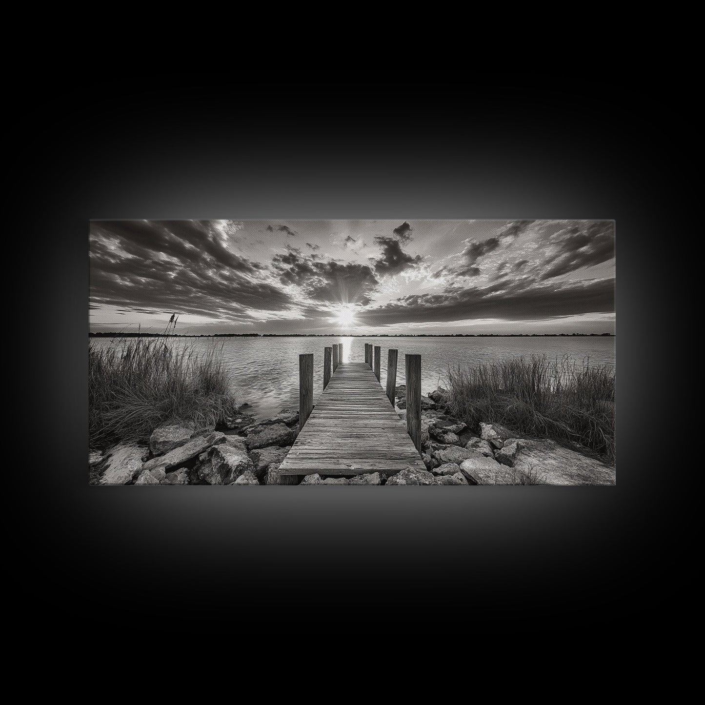 Rustic Dock Sunset, Lakehouse Art, Black White Landscape, Framed Canvas Print, Country Home Decor, Cabin Wall Art, Lakeside Tranquility