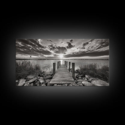 Rustic Dock Sunset, Lakehouse Art, Black White Landscape, Framed Canvas Print, Country Home Decor, Cabin Wall Art, Lakeside Tranquility