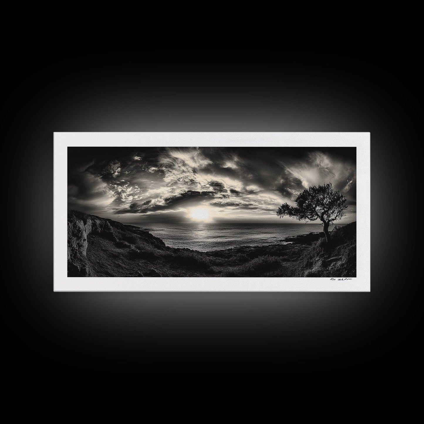 Dramatischer Sonnenuntergang über dem Meer, Küstenbaum, monochrome Landschaft, Leinwanddruck, Wandbild fürs Wohnzimmer, surreale Naturansicht, Meeresblick-Druck