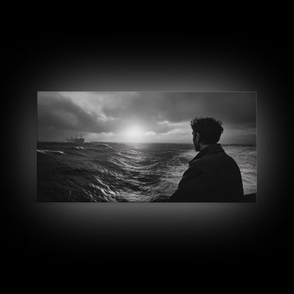 Mann beobachtet Meer, stürmischer Ozeanblick, emotionale Szene, Leinwanddruck, stimmungsvolle Küstendekoration, Wandbild fürs Büro, maritimer Monochrom-Stil