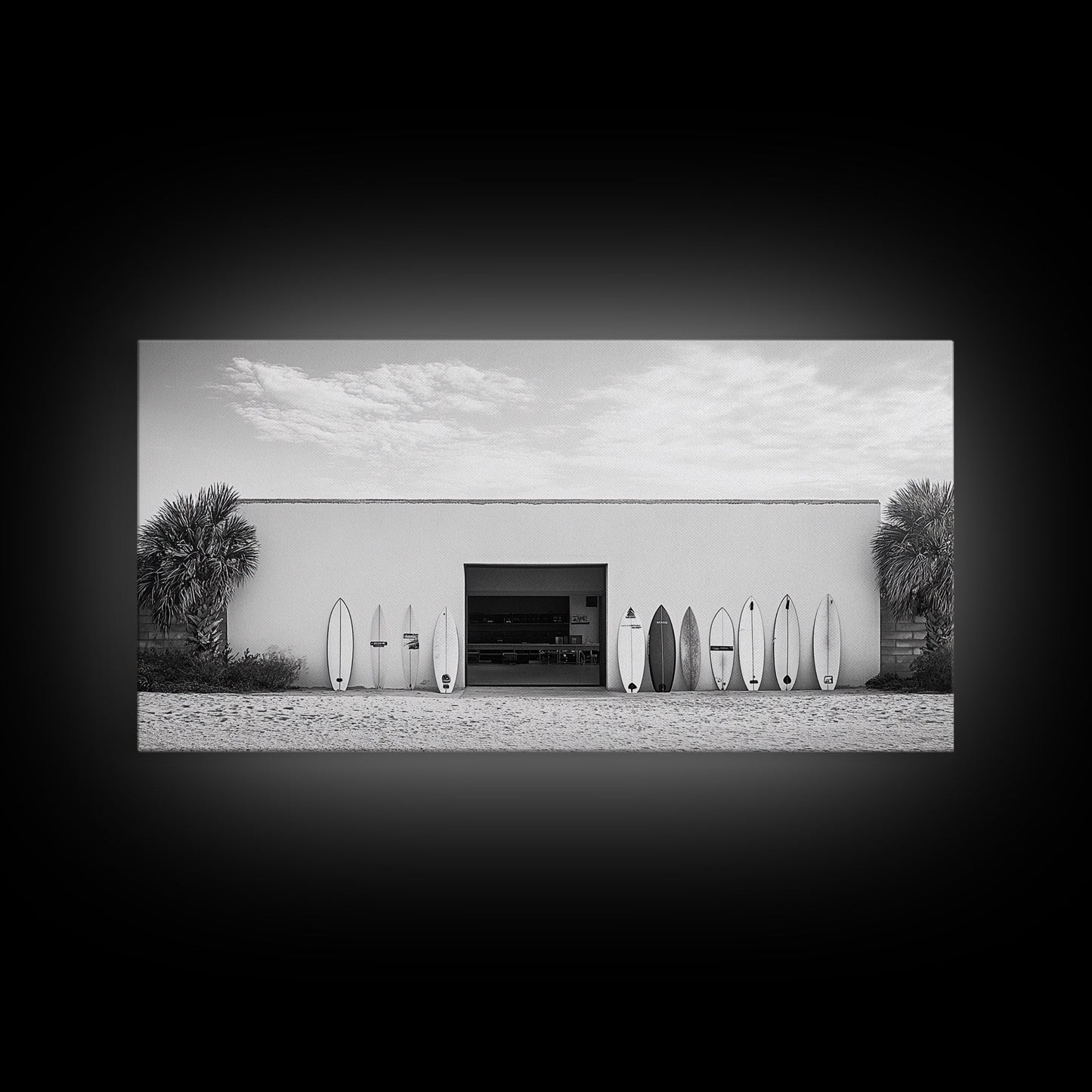 Surfboards, Beach Garage, Modern Coastal, Ocean Style, Framed Canvas Print, surf shack decor, teen room wall art, minimalist beach art