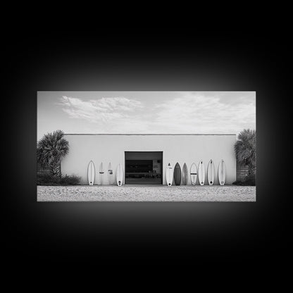 Surfboards, Beach Garage, Modern Coastal, Ocean Style, Framed Canvas Print, surf shack decor, teen room wall art, minimalist beach art