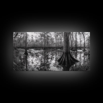 Sumpfbäume, Zypressenwasser, Naturspiegelungen, Marschlandschaft, gerahmter Leinwanddruck, rustikale Hüttendekoration, Wandbild für den Flur, Waldmotiv
