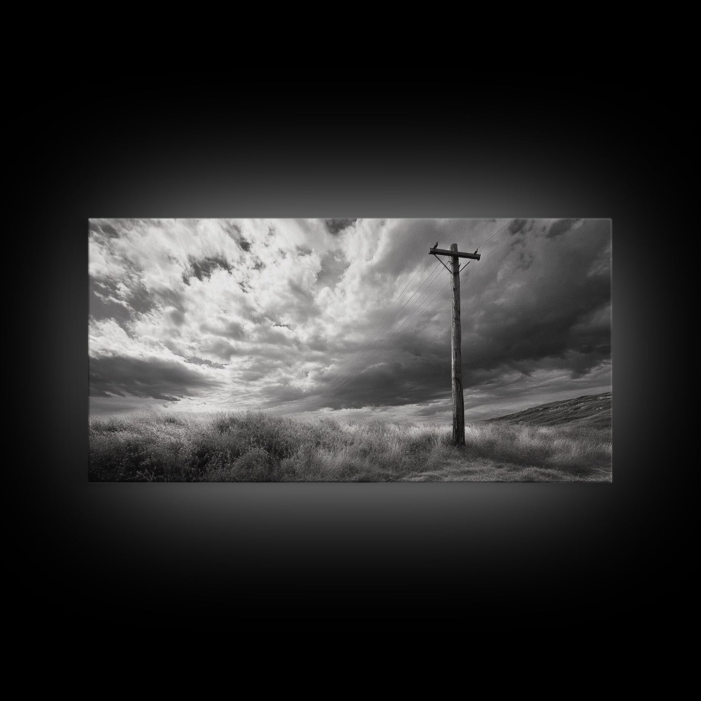 Strommast, ländliche Landschaft, stürmischer Himmel, ländliche Ruhe, gerahmter Leinwanddruck, Wandbild für den Eingangsbereich eines Bauernhauses, rustikaler Schwarz-Weiß-Druck