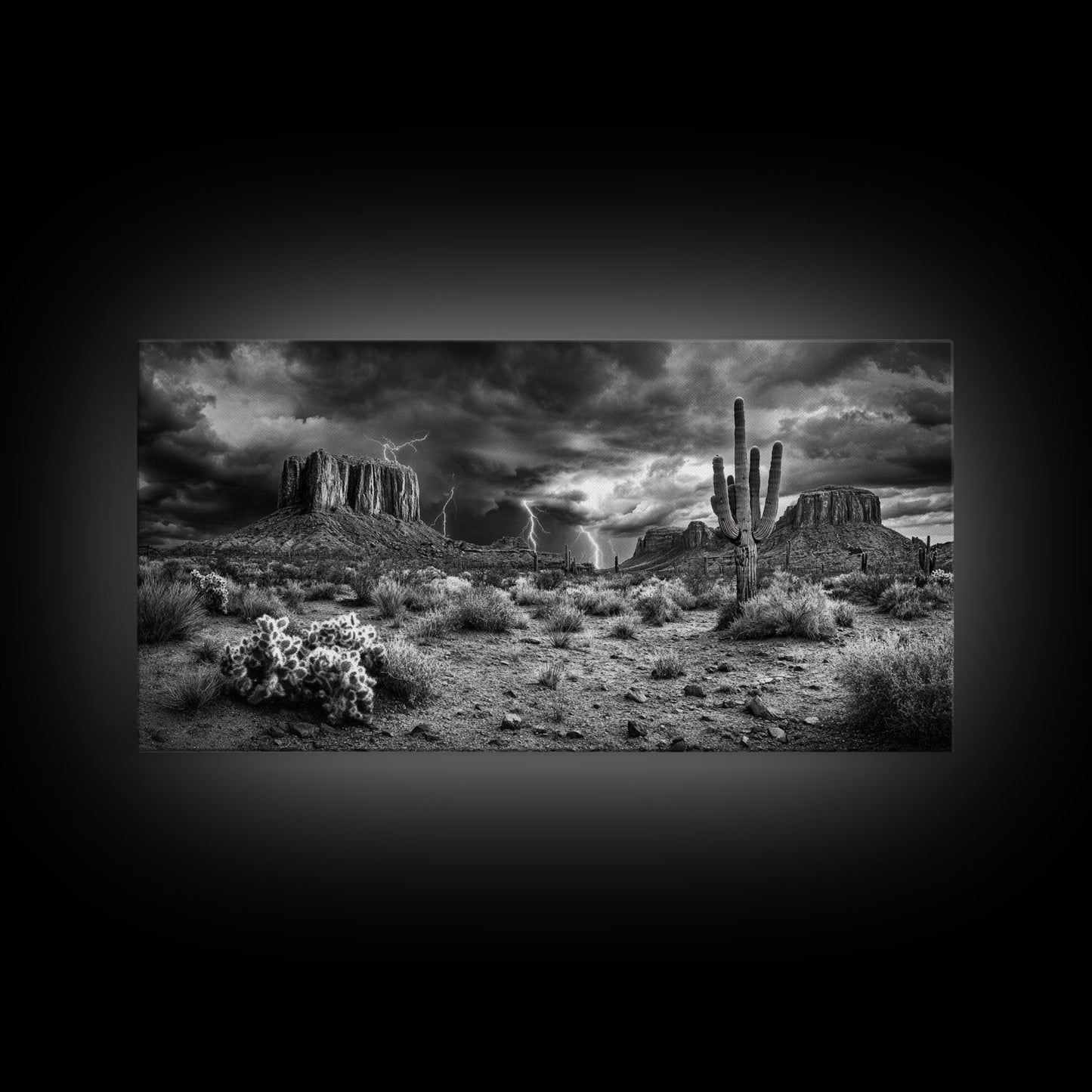 Wüstensturm-Szene, Blitzlandschaft, Südwest-Kunst, Dramatischer Himmel, Gerahmter Leinwanddruck, Western-Wandkunst, Rustikale Wohnzimmerdekoration