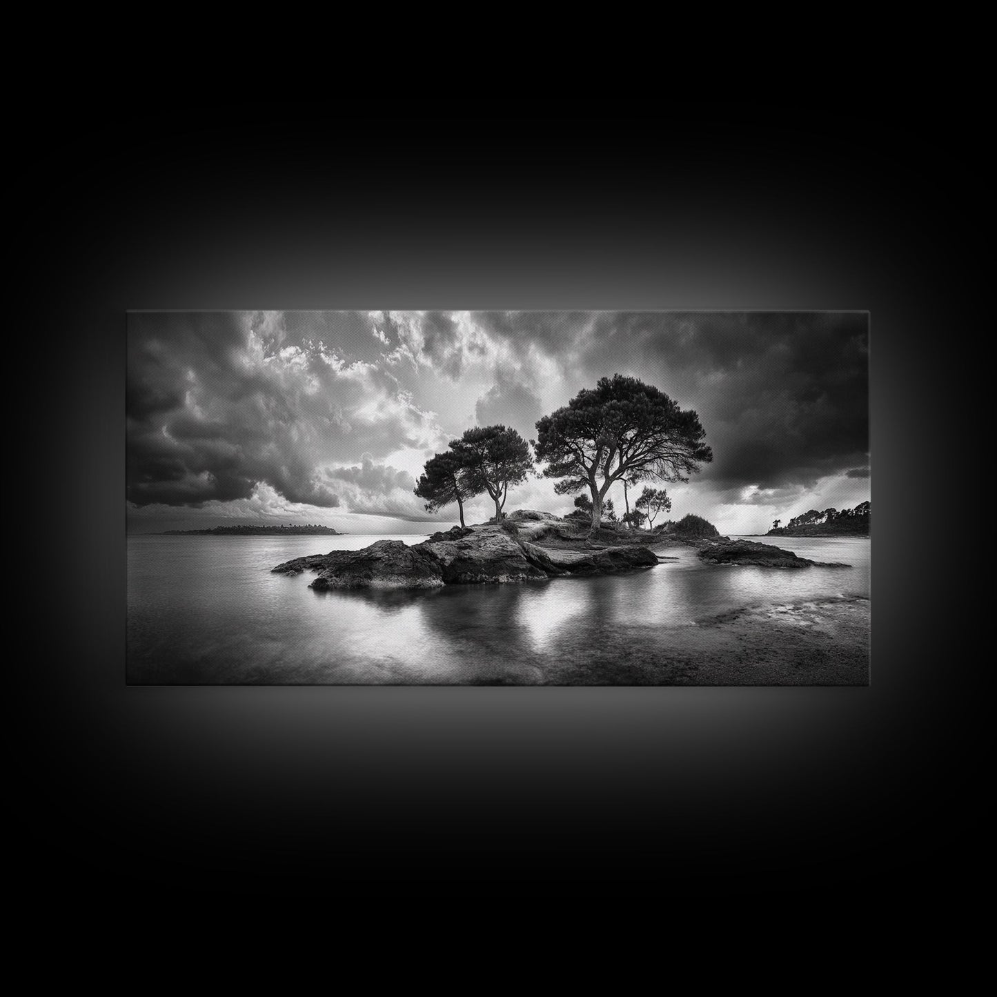 Island Pines, Rocky Shoreline, Peaceful Water, Stormy Sky, Framed Canvas Print, coastal art, rustic nature wall art, neutral living room decor