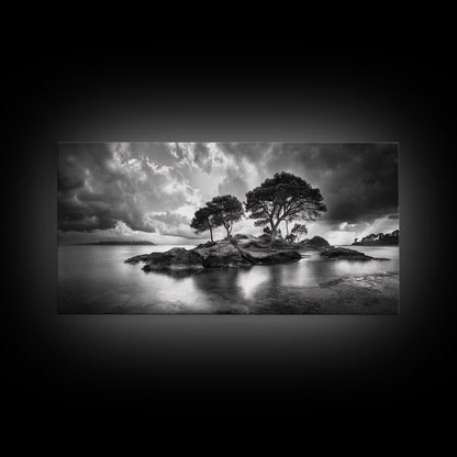 Island Pines, Rocky Shoreline, Peaceful Water, Stormy Sky, Framed Canvas Print, coastal art, rustic nature wall art, neutral living room decor