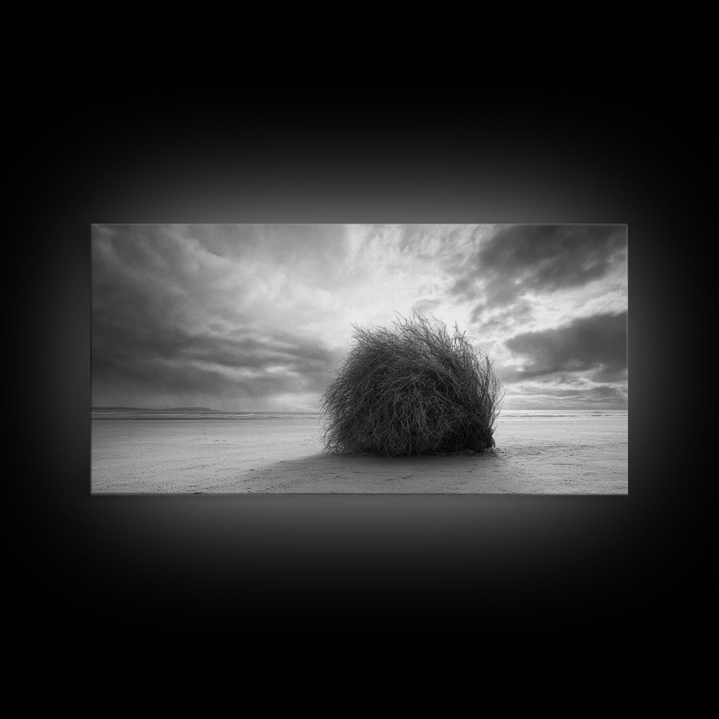 Tumbleweed, Desert Beach, Moody Sky, Solitary Calm, Framed Canvas Print, minimalist desert wall art, western Fall decor, neutral tones