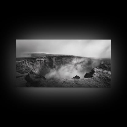 Vulkankrater, rauchige Erde, epische Landschaft, gerahmter Leinwanddruck, ausdrucksstarke Naturkunst, Dekoration fürs Arbeitszimmer, stimmungsvolle Schwarzweißfotografie