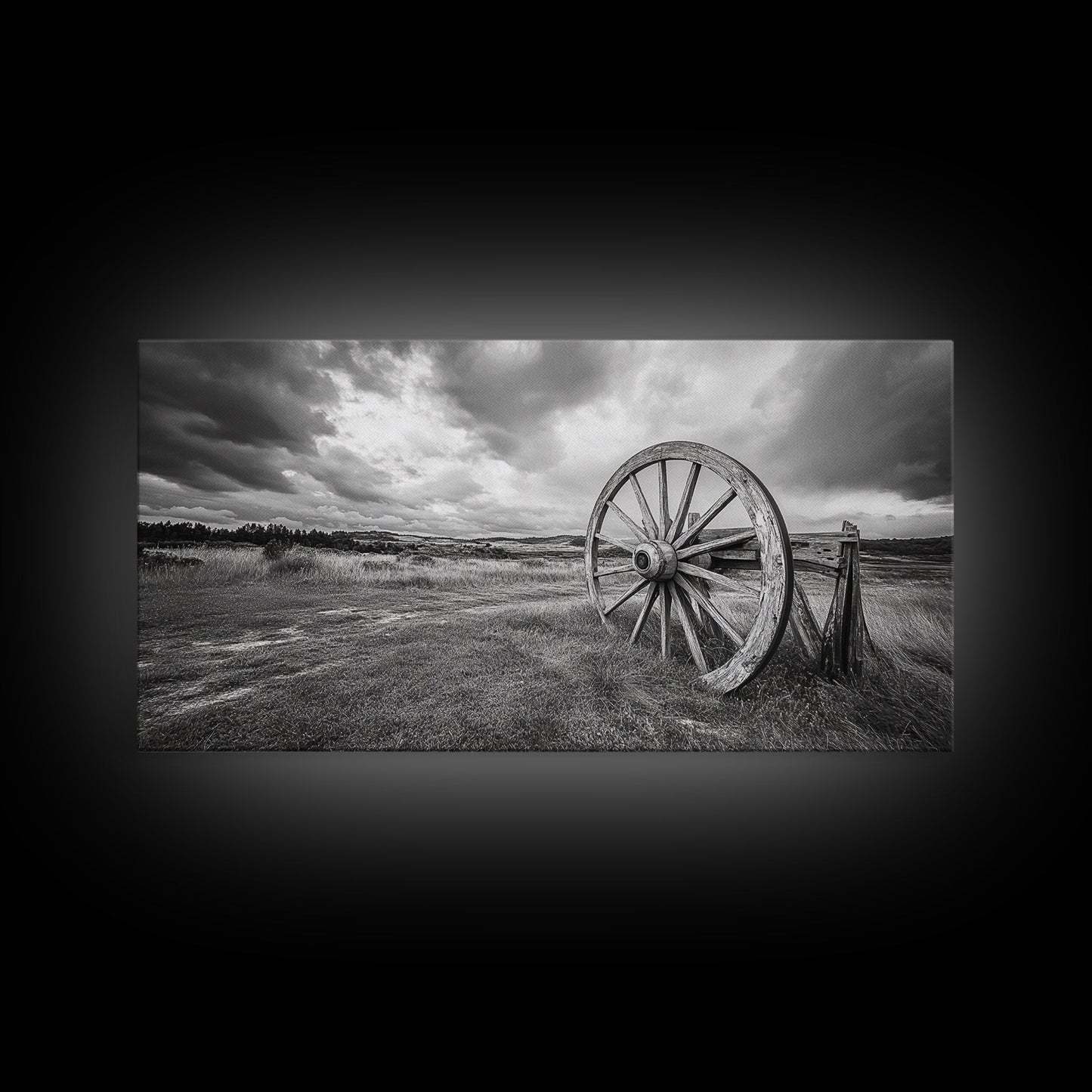 Prairie Wagon Wheel, Western Landscape, Rustic Field, Canvas Print, Country Farmhouse Wall Art, Fall Rustic Decor, Black And White Art