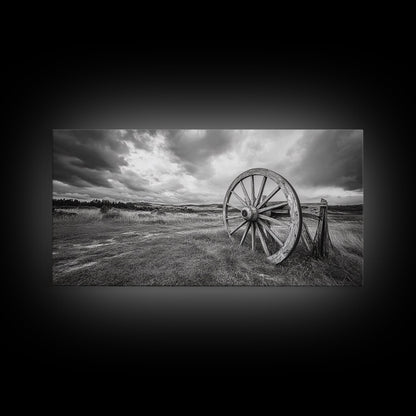 Prairie Wagon Wheel, Western Landscape, Rustic Field, Canvas Print, Country Farmhouse Wall Art, Fall Rustic Decor, Black And White Art