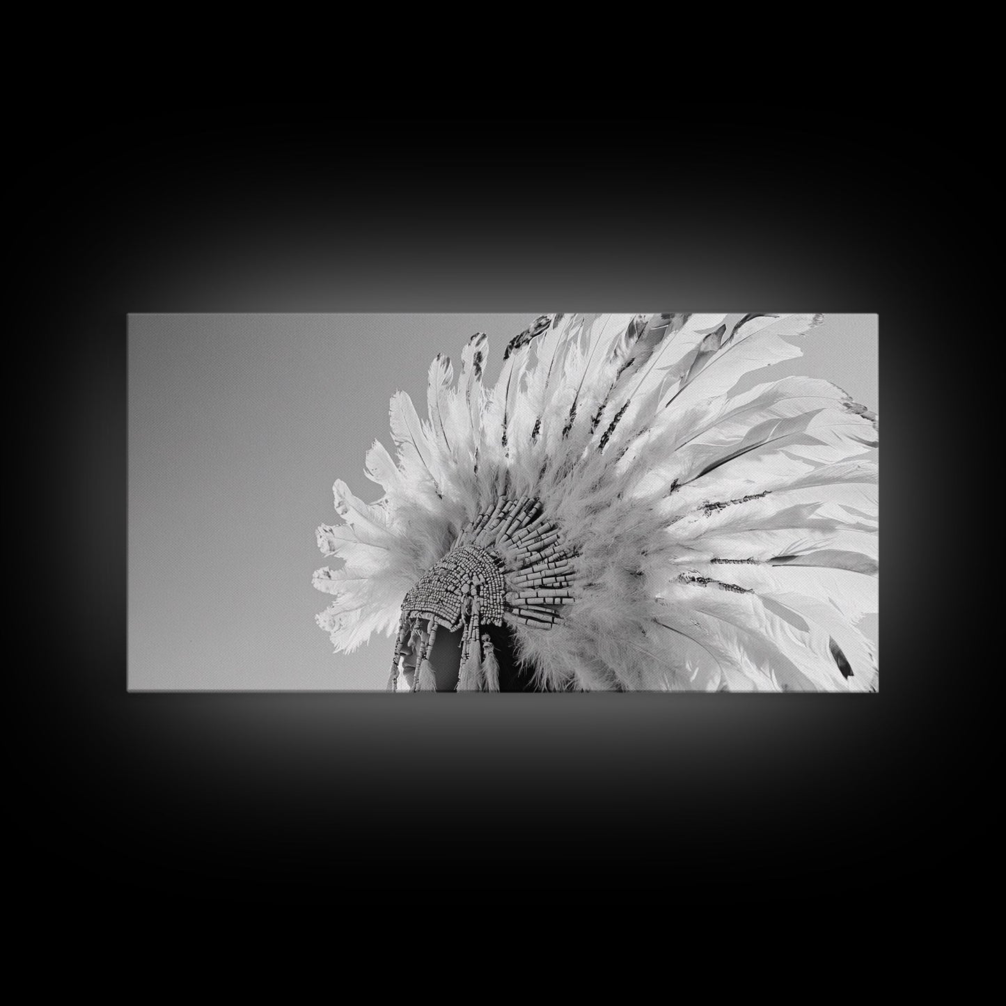Kopfschmuck der Ureinwohner, Federkrone, Kulturelle Hommage, Leinwanddruck, Boho-Ethno-Dekor, Wandbild fürs Schlafzimmer, Monochromer indigener Stil