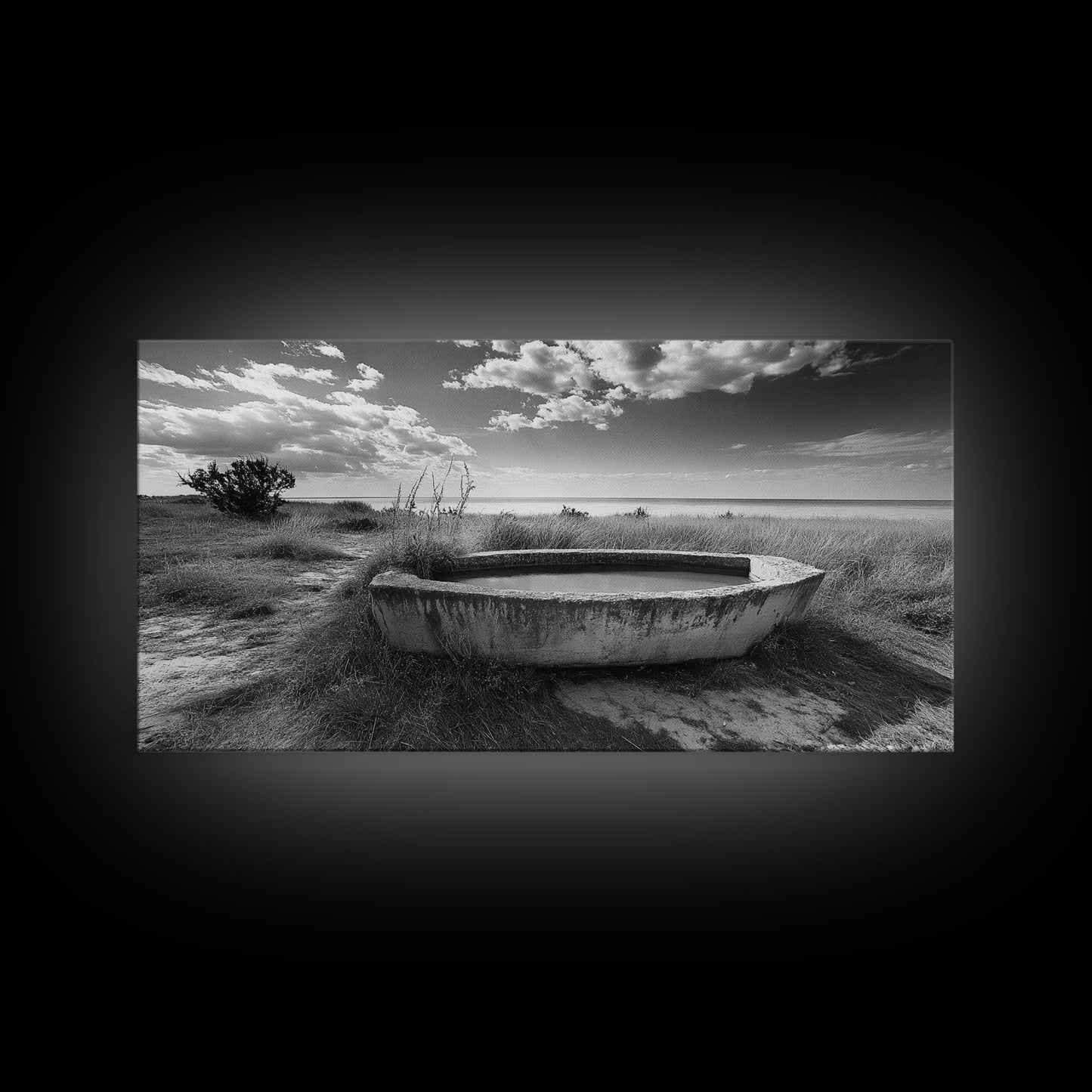 Concrete Trough, Coastal Horizon, Grassy Shoreline, Canvas Print, Rustic Farmhouse Bathroom Art, Minimalist Nature, Fall Beach Wall Decor