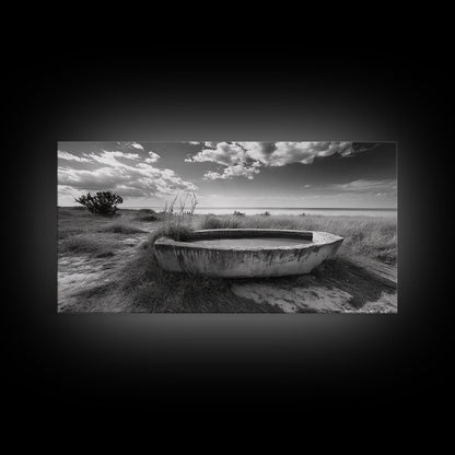 Concrete Trough, Coastal Horizon, Grassy Shoreline, Canvas Print, Rustic Farmhouse Bathroom Art, Minimalist Nature, Fall Beach Wall Decor