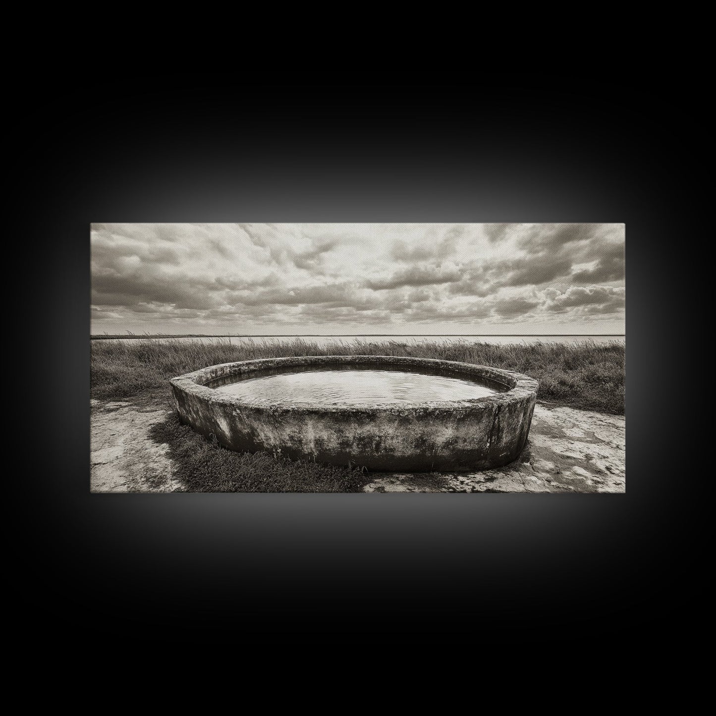 Water Trough, Overcast Skies, Ocean Breeze, Framed Canvas Print, Country Rustic Wall Art, Sepia Toned Fall Decor, Entryway Or Den Art