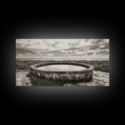 Water Trough, Overcast Skies, Ocean Breeze, Framed Canvas Print, Country Rustic Wall Art, Sepia Toned Fall Decor, Entryway Or Den Art