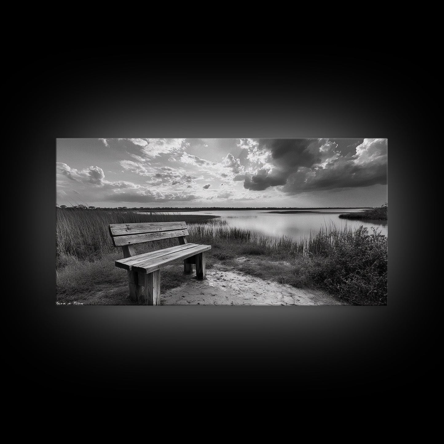 Lakeside Bench, Calm Waters, Sunset View, Canvas Print, Tranquil Nature Photography, Living Room Wall Art, Serene Outdoor Fall Landscape