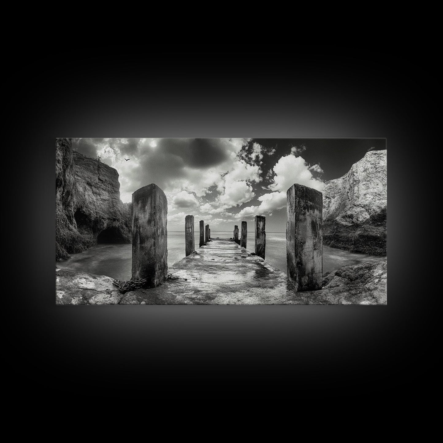 Ocean Pier, Seaside Dock, Crashing Waves, Canvas Print, Dramatic Coastal Wall Art, Black And White Decor, Bathroom Or Hallway Photography